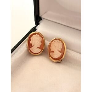 Vintage Sterling Silver Hand Carved Shell Cameo Clip On Earrings